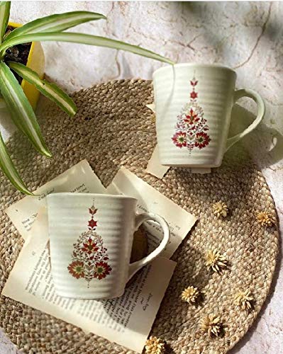 Crock ComfortsCrock Comforts- Handmade Ceramic Buti Printed Coffee Mugs- Set of 2 (330 ML, Microwave & Dishwasher Safe, CC-BM2)