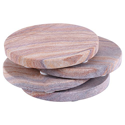GoCraft Sandstone Absorbent Round Coasters | Natural Yellow Sandstone Coasters for Drinks, Beverages & Wine/Bar Glasses (Set of 4)