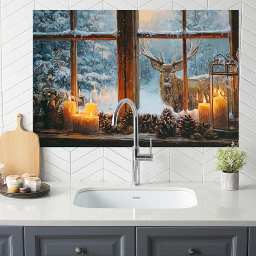 Image of Winter Deer Candle Backsplash Peel and Stick, 35.4x23.6 in