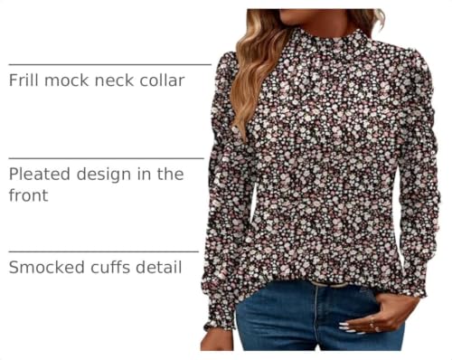 Image of LUYAA Puff Long Sleeve Shirts for Women Tops Dressy Casual Frill Mock Neck Smocked Cuffs Blouses