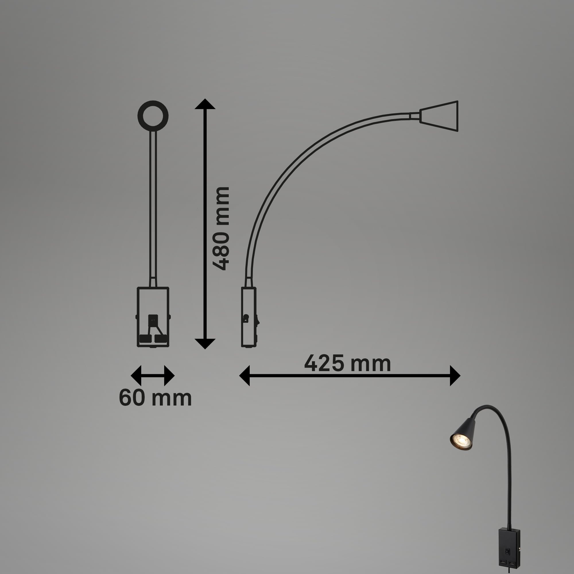 Briloner - Lámpara de lectura con puerto USB, interruptor on/off, giratorio, enchufe, aplique de interior, lámpara de pared, lámpara de cama, 50 cm de altura, negro