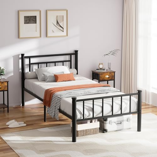 Image of Shintenchi Twin Size Bed Frame with Headboard and Footboard, Metal Mattress Foundation with Under Storage, Steel Slats, No Box Spring Needed, Noise Free, Red Round