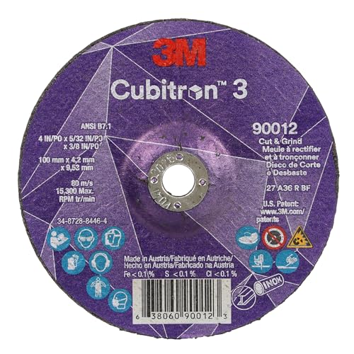 Image of 3M Cubitron 3 Cut and Grind Wheel, 90012, 36+, T27, 4 in x 5 /32 in x 3 /8 in, Pack of 10, ANSI, Longer Life, Faster Cut, Back-Gouging, Fillet Weld Removal, Cutting, Grinding