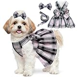 Dog Dress Bowknot Harness Leash Set for Small Dogs Girl Cute Plaid Dog Dress Pearls Bow Tie Spring Summer Princess Clothes Birthday Holiday Doggie Outfits for Puppy Cats Girl Apparel (Black, Small)