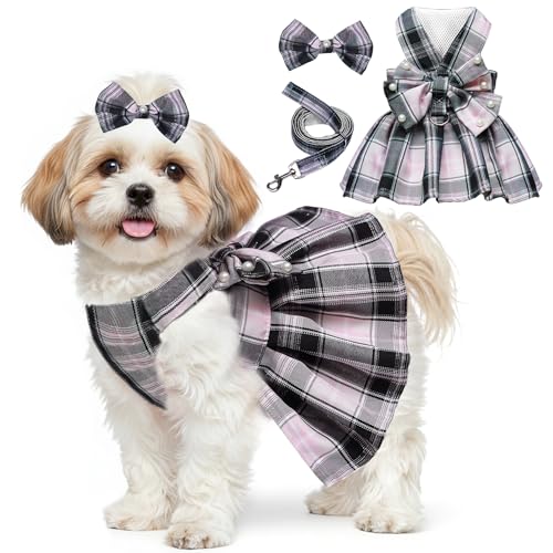 Dog Dress Bowknot Harness Leash Set for Small Dogs Girl Cute Plaid Dog Dress Pearls Bow Tie Spring Summer Princess Clothes Birthday Holiday Doggie Outfits for Puppy Cats Girl Apparel (Black, Small)