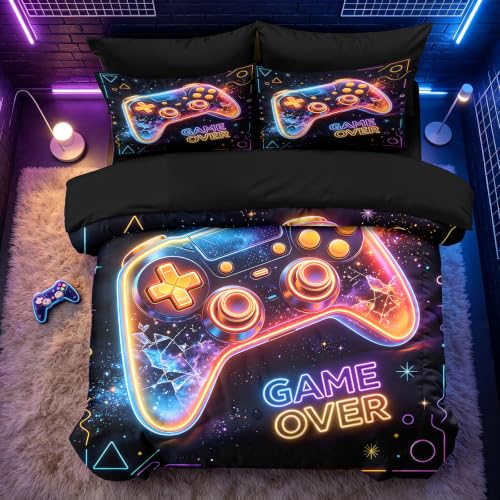 Image of NINENINE Gamer Controller Comforter Sets, Neon Galaxy Gaming Bedding 5PCS Full Size Comforter Sets for Teen Boys Gamers (1Comforter, 1Flat Sheet, 1Fitted Sheet, 2Pillowcases)