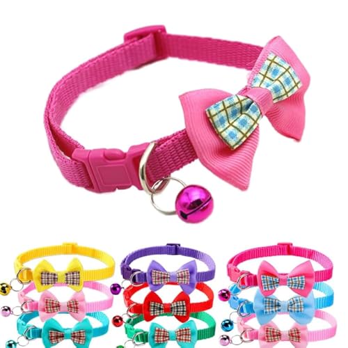 Hot Pink Dog Collar Bells for Small Dogs,Soft Nylon Identification Cat Collar Girl Puppy Collar with Bowtie Adjustable Buckle for XXS Xs Tiny Little Pet Female Dogs,Neck 7.5-12.5 Inch Hot pi