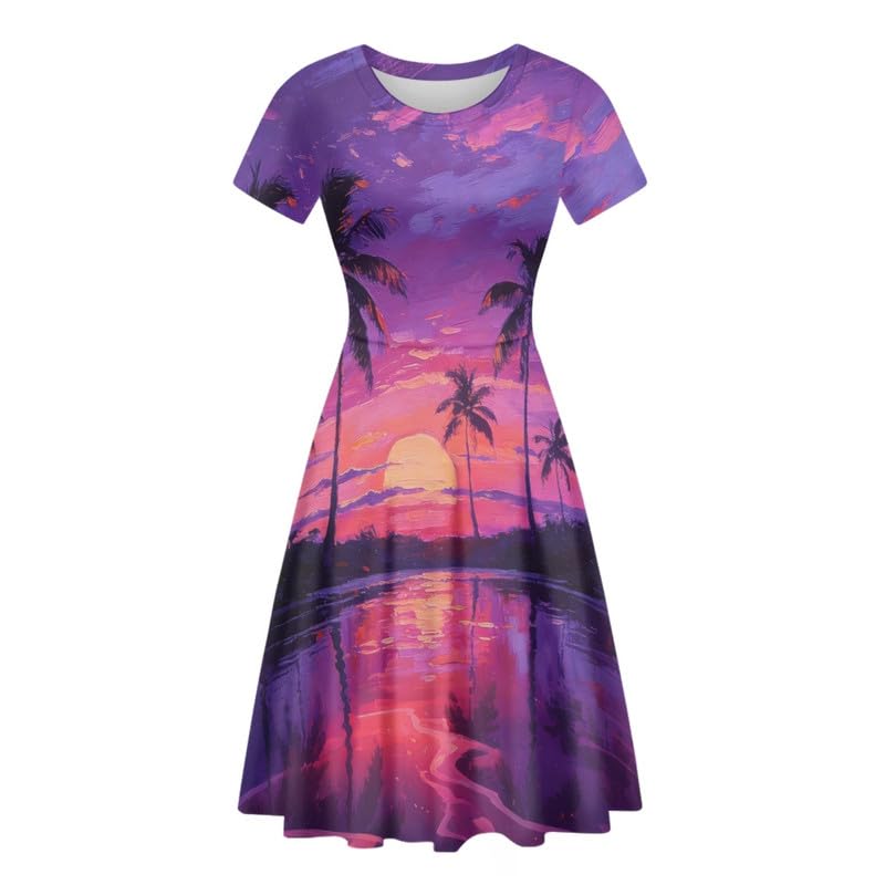 Image of Irisjudy T Shirt Dress for Women Short Sleeve Girls Short Sleeve Dress Plus Size, O Neck Knee Length Midi Dress for Ladies