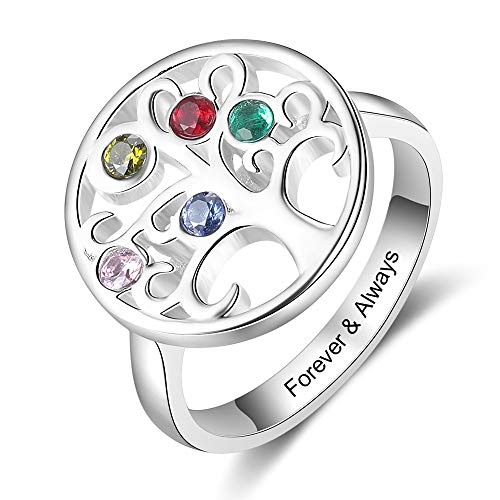 Kaululu Personalized Ring for Women Family Tree Ring with 6 Customized Simulated Birthstone Engraved Custom Ring Tree of Life Ring Personalized Gifts for Mother Christmas Valentine's Day (7)
