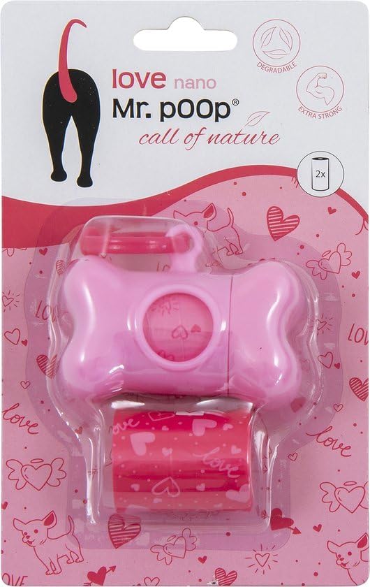 Mr Poop, Kids Poop Bag Dispenser Elegant Rose Design Easy to Use Compact and Lightweight with 2 Rolls Included Nano Size Pink Colour Love Model