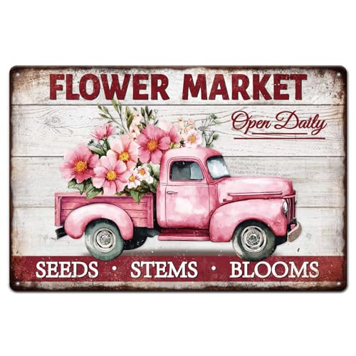 GLOBLELAND Letrero de metal con diseño de camión de flores 'Mercado de Flores', letrero de lata de pintura vintage de 12 x 8 pulgadas, póster retro para decoración del hogar, oficina, garaje, bar