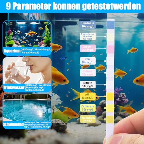 9 in 1 Wasserteststreifen für Aquarium, Trinkwasser & Pool – 100 Streifen zur Messung von pH, Wasserhärte, Chlor, Nitrit uvm. – Universelles Wasseranalyse-Set für Fischbecken, Leitungswasser & mehr