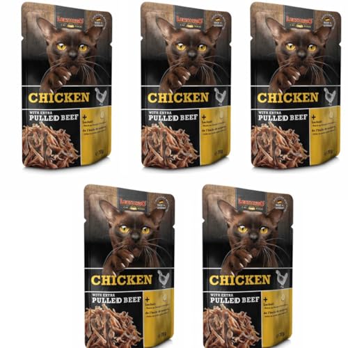 Snack para Gatos Pack 5 Unidades de 70g (350g) - Leonardo Pulled Beef. Alimento complementario para Gatos Adultos. con Aceite de Salmon (350 gr, Pollo)