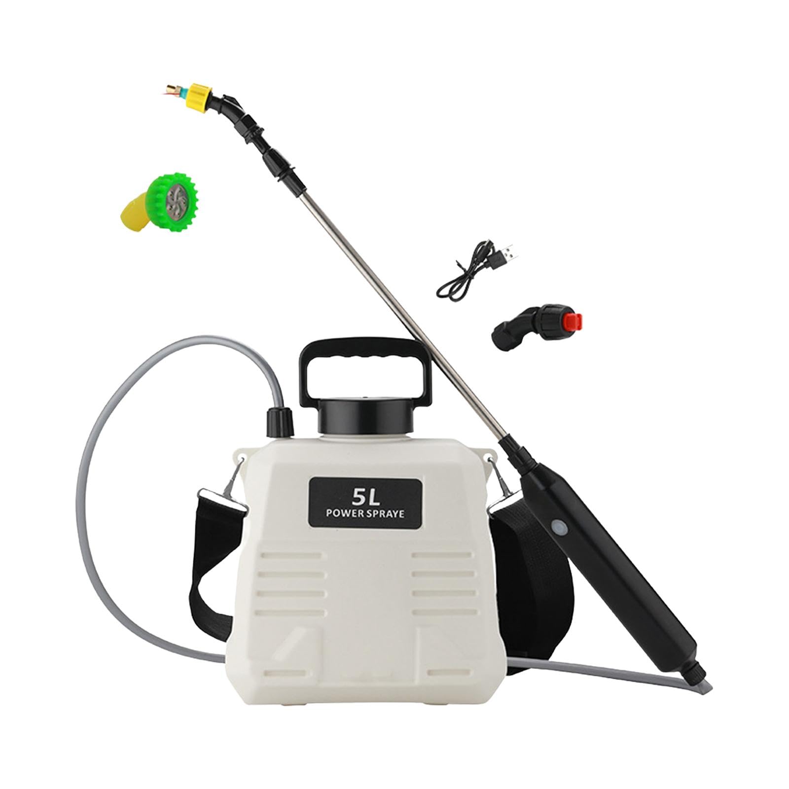Pulverizador Eléctrico con 3 Boquillas de Niebla, Correa para El Hombro Y Varillas Telescópicas para Riego Exterior, 5L Blanco