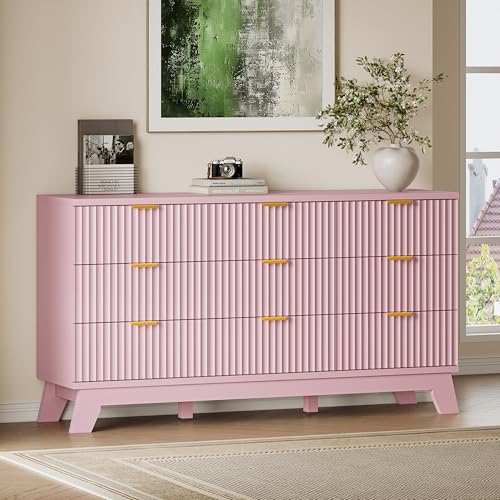 Image of BORNOON Fluted 9 Drawer Dresser, 57.1 inch Wide Modern Boho Chest of Drawers, Wooden Storage Dresser TV Stand for Bedroom, Living Room, Closet, Hallway, Curved Profile Design