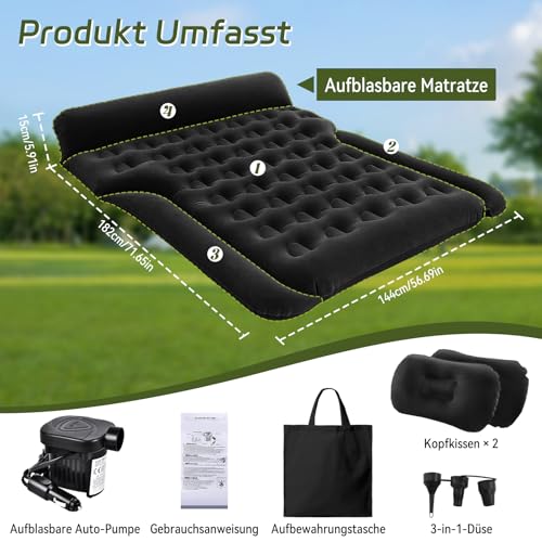 YOOHBERRYS Auto Matratze, 182 * 144cm SUV Auto Luftmatratze mit Luftpumpe, 2 Kissen, Verdickte Beflockung Aufblasbare Auto Bett Kofferraum für Camping Reisen Outdoor (B)