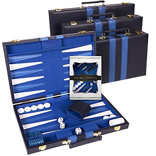 Backgammon Set 15 inch, Medium - Classic Board Game for Adults and Kids with Premium Leather Case - Includes Strategy & Tip Guide (Blue) - Thumbnail 5