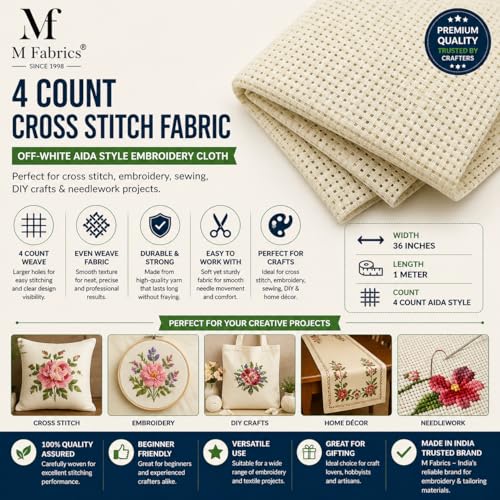 Image of M Fabrics 4 Count Aida Fabric Off White | 5 Meters 36 Inch Width | Cross Stitch Embroidery Cloth Canvas for Needlework Sewing DIY Craft Matty Fabric - 5 Meters