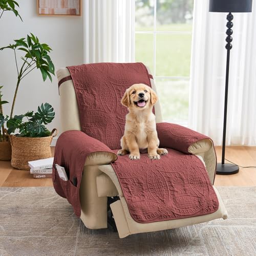 Image of Red Quilted Recliner Chair Covers, Waterproof Medium Chair Covers, Lazy Boy Chair Covers, Pet Friendly Recliner Slipcover for Dogs Cats, Washable Furniture Protector (Recliner 26 inch, Red)
