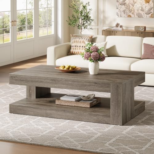 Image of Tribesigns Coffee Table for Living Room, 47.24 Inch Farmhouse 2-Tier Accent Center Tea Cocktail Table with Storage, Elegant Grey, Rectangular