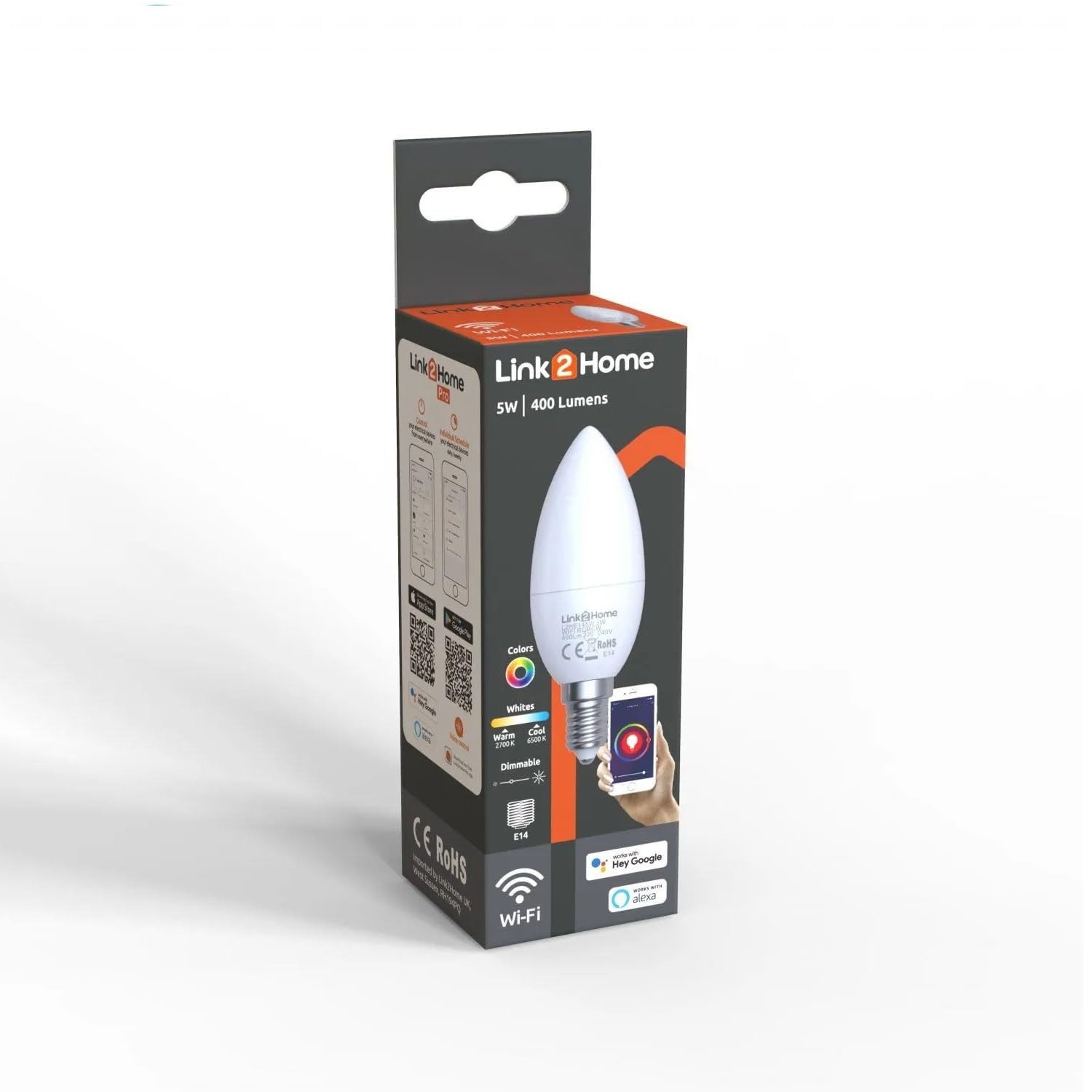 Link2Home E14/40 W ekwiwalentna lampa Wi-Fi LED, inteligentna żarówka z RGB wielokolorowymi ustawieniami – możliwość przyciemniania za pomocą Alexa i Google