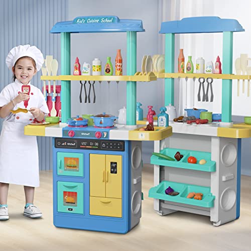 Temi Kids Kitchen Playset & 60 Pcs Toy Accessories Set, Kids Kitchen Toys & Grill Playset, Play Kitchen W/Real Sounds And Light, Pretend Play Set For Toddlers, Kids, Girls & Boys (Blue) #TOP24