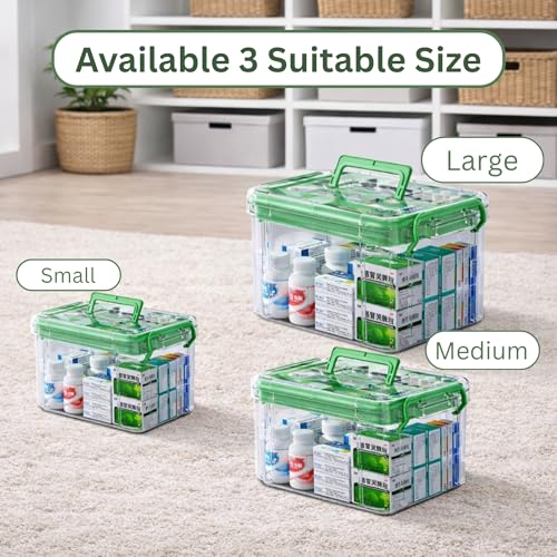 Image of HoopVool Clear Plastic Medicine Storage Box Organizer, Family Emergency Kit with Removable Pill Case Portable Lockable Container for, Art Craft and Cosmetic Household Organizer (Green, Small)