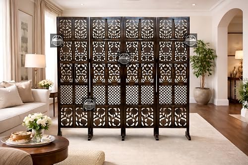 Image of Wooden Room Divider Screen, Carved,Decorative Handcrafted Privacy Screen Separator Wall Divider | Folding Partition with Floral & Jaali Design (Brown, 4-Panel)