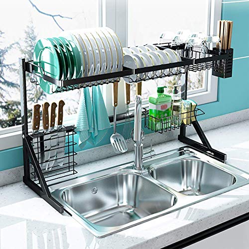 Geschirrtrockner über Waschbecken, Abtropfregal aus Edelstahl, Aufbewahrungsorganisator mit Utensilienhalter, Geschirrkorb Küche Schwarz 84 cm