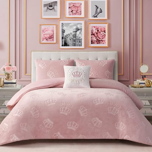 Image of Juicy Couture Plush Reversible Embossed Crown 4-Piece King Comforter Set with Decorative Pillow, Light Pink