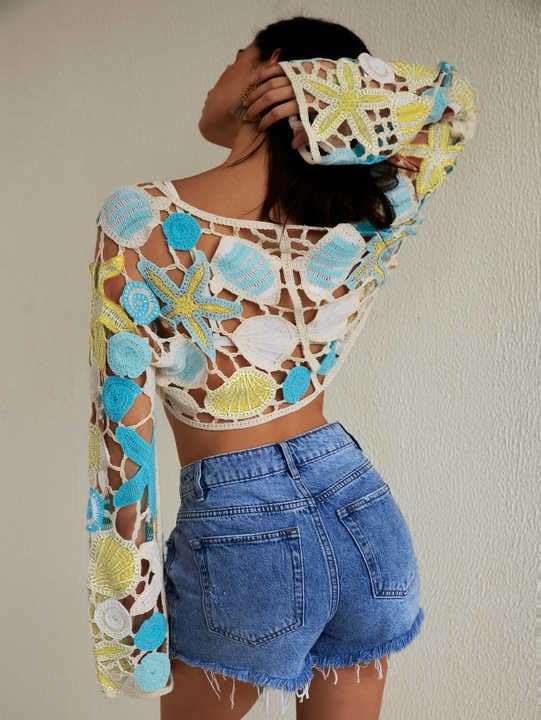 Handmade Crochet Beach Cover Up, Boho Floral Pattern, Turquoise and Coral, Long Sleeve4