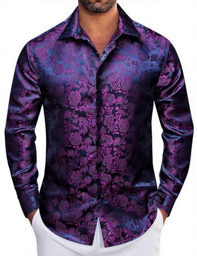 Mens Silk Paisley Dress Shirt Casual Button Down Shirt Long Sleeve Western Floral Shirts Wedding Party Holiday3