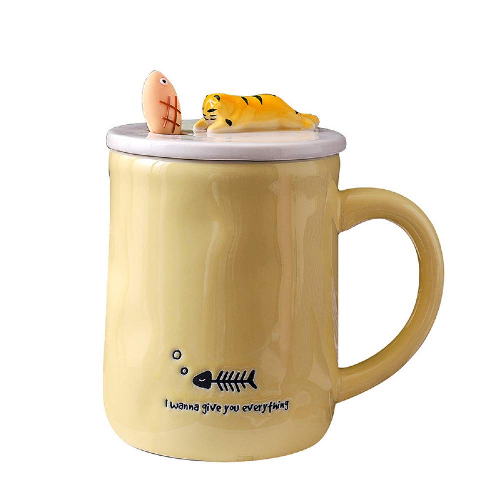 AICUP Creative Curious Cat Ceramic Mug With Lid Spoon 400Ml Glazed Cat And Fish Mug, Cup Student Coffee Milk Cup Drinkware Gift