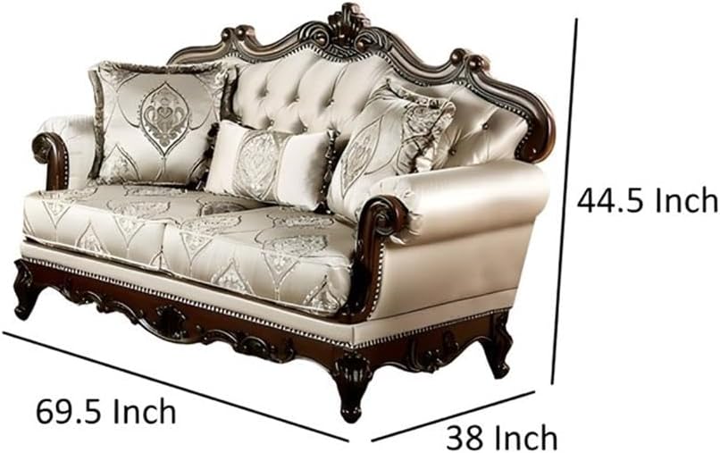 Pemberly Row 70 Inch Tufted Loveseat, Solid Wood Frame, Rolled Arms, Cherry Brown Finish, Metallic Beige Upholstery, Button-Tufted Back, Jacquard Box Seat Cushions, Includes 3 Accent Pillows, Living