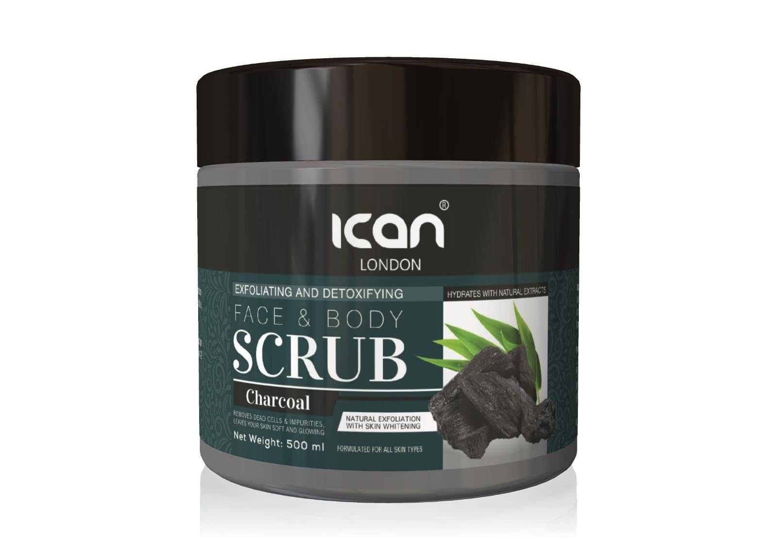 ICan London Charcoal Face and Body Scrub, Exfoliating and Detoxifying, 500ml, 500 ml (Pack of 1)