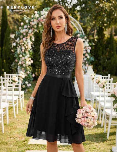 Image of BeryLove Womens Boat Neck A Line Sleeveless Lace Formal Homecoming Dress | Short Dress With Ruffle Hem, Sparkly Design Ideal For Wedding Guest,Bridesmaid Cocktail Prom & Evening Party Events