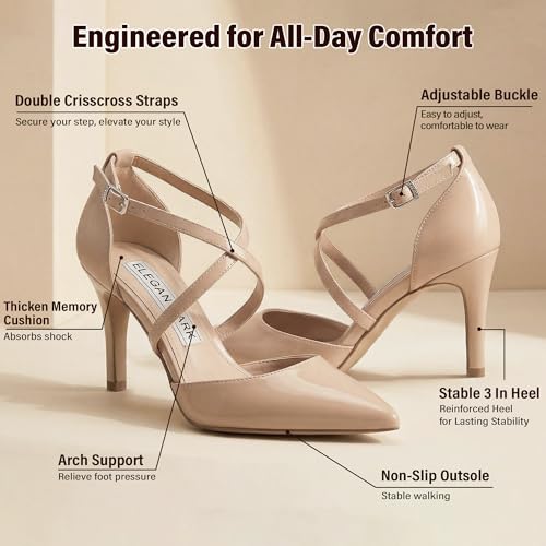 Image of ELEGANTPARK Pointed Toe Heels for Women Satin Strappy Wedding Dress Shoes | Adjustable Buckle, 3 inch Stable Heel, Closed Toe Pumps for Bride, Wedding Guest, Bridesmaid, Evening, Cocktail Party, Formal