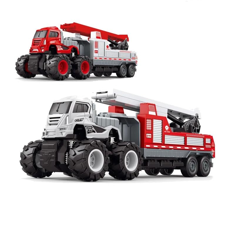 Image of Friction Powered Fire Rescue Transport Truck for Kids Boys Girls Die cast Alloy Fire Truck with Rotating Ladder Crane Toy Pull Back Vehicle (Pack of 1, Multicolor)