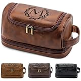 Aganmi Personalized Gifts Travel Toiletry Bag for Men Him, Laser-Engraved Initial PU Leather Waterproof Shaving Bag Christmas Birthday Gift for Men Dad Husband Boyfriend Groomsmen, Reddish Brown M