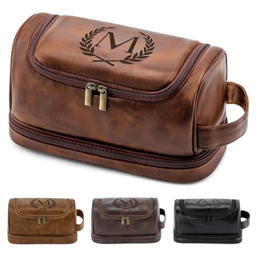 Aganmi Personalized Gifts Travel Toiletry Bag for Men Him, Laser-Engraved Initial PU Leather Waterproof Shaving Bag Christmas Birthday Gift for Men Dad Husband Boyfriend Groomsmen, Reddish Brown M