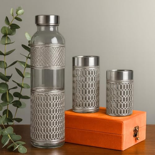Image of German Silver Water Bottle 1 Ltr | Premium Embossed Design | 100% Pure | Leak-Proof | 2 Water Glass 300ml each | Premium Serving Set for Home & Office | Best for Gifting (Transparent)