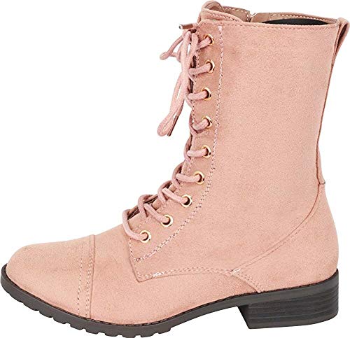 Image of Forever Link Womens Round Toe Military Lace Up Knit Ankle Cuff Low Heel Combat Boots