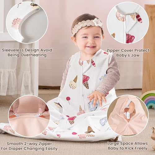 Image of PHF 100% Organic Cotton Baby Sleep Sack 0-6 Months, Soft Lightweight Wearable Blanket for Babies, 2-Way Zipper 0.3 TOG Comfy Toddler Sleeping Sack 3 Pack for Boys Girls Neutral, Ice Cream (Small)