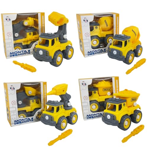 Kit 4 Caminhões Monta e Desmonta Com Chave, Caminhões de Construção Civil, Brinquedo Infantil Educativo com Ferramenta, Conjunto Com 4 Modelos De Carrinho Diferentes