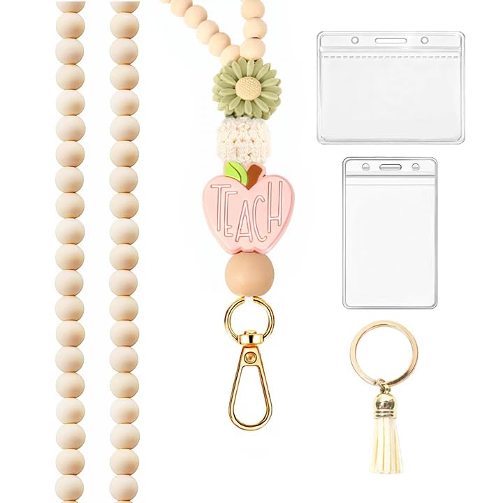 Teacher Lanyard for ID Badges, Lanyards for Neck with Card Holder, Cute Wooden Beaded Lanyards for Women Nurses Staff Girls Student