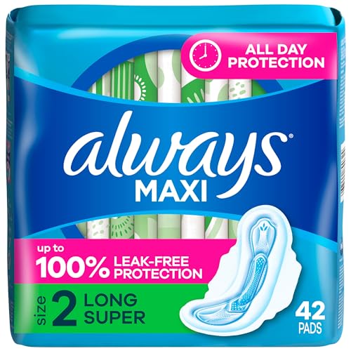 Always Maxi Feminine Pads with Wings for Women, Size 2, Long Super Absorbency, Unscented 42 Count