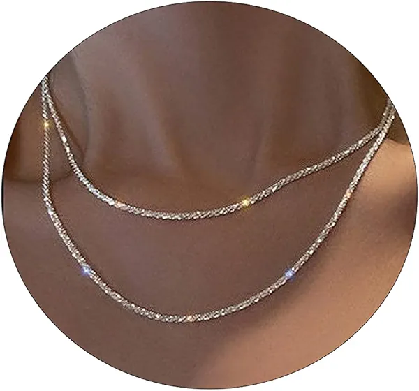 Tasiso Herringbone Choker Necklace Set Double Layer Snake Chain Herringbone Chain Necklace Layering Necklace Set Cuban Chain Necklace for Women