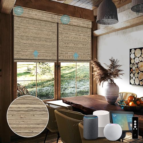 SmartWings Motorized Natural Woven Wood Shades for Windows Work with Matter Thread Homekit Z-Wave Alexa Google, 50%/70%/100% Blackout Electric Roman Shades Cordless with Remote, Customized, Kenaf 016
