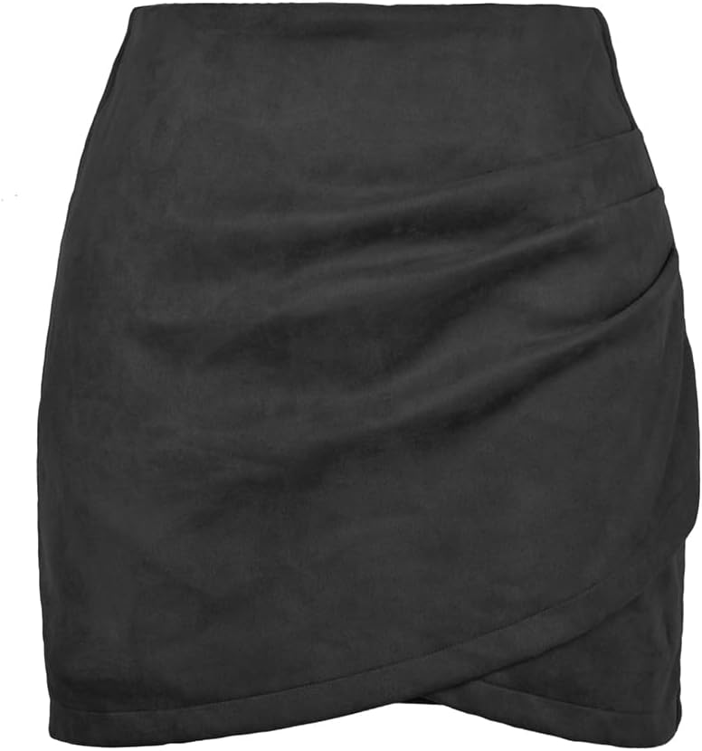 Women's Faux Suede Mini Skirt High Waisted Ruched Wrap Bodycon Fall Winter Mini Skirts - Image 7