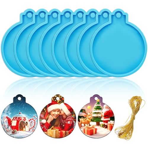FEBSNOW 4PCS Christmas Ornaments Resin Molds Round Silicone Resin Ornaments Molds with Strings Epoxy Pendant Casting Molds Resin Molds Silicone for DIY Crafts Making Holiday Xmas Home Decor Blue